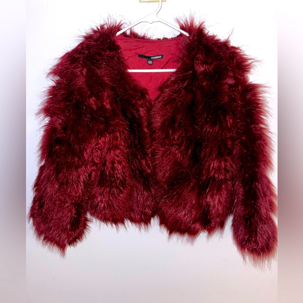 Burgundy faux fur coat
